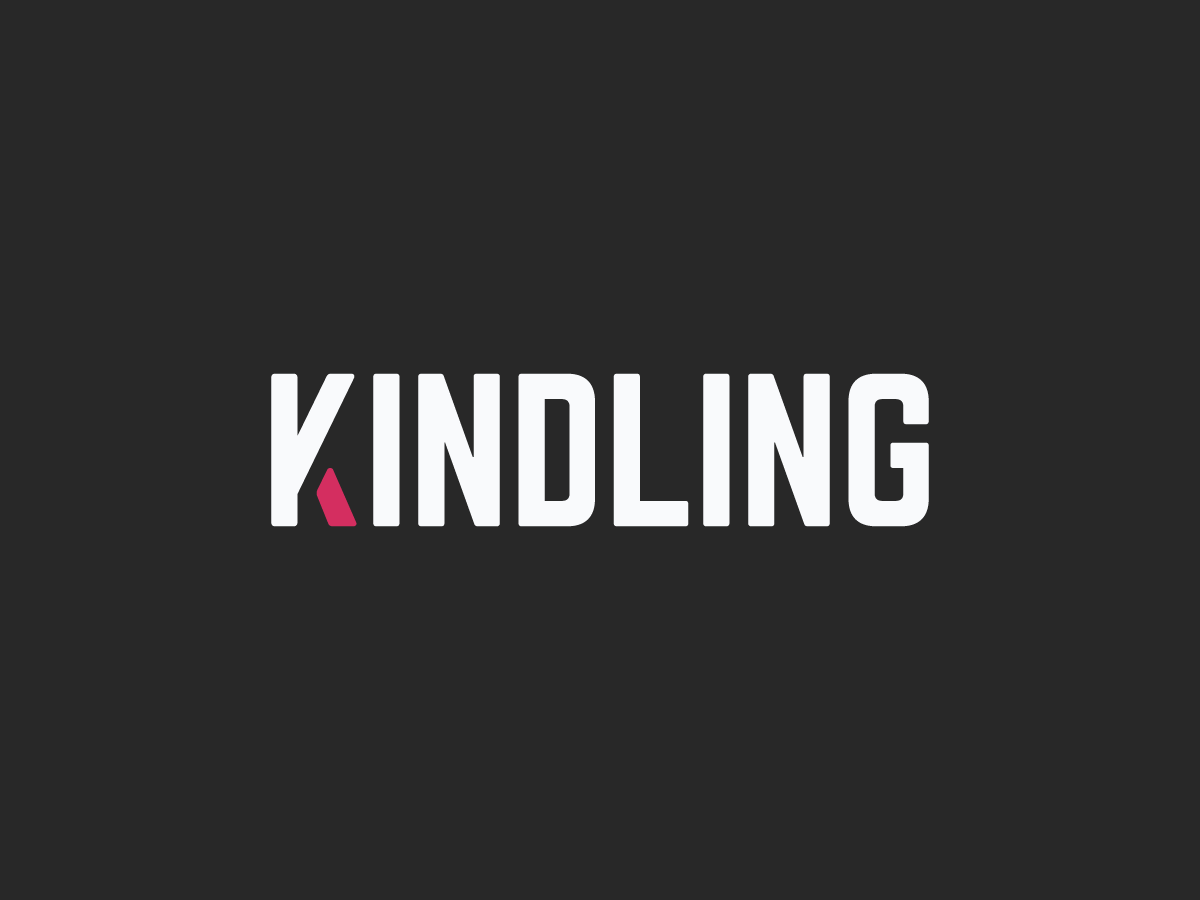 Logo for the Kindling WordPress theme built by Matchbox Design Group. It uses white letters on a charcoal gray background.